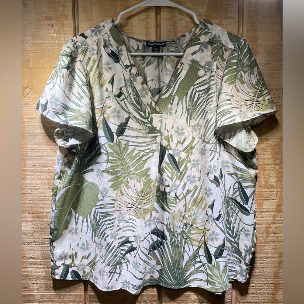 Hilary Radley White and Green Tropical Print V-Neck Blouse